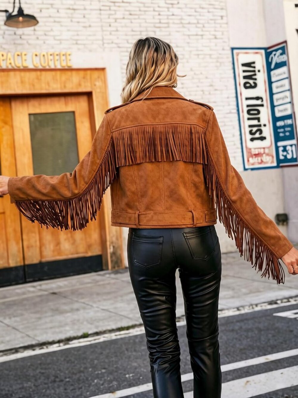 Women's Brown Faux Suede Tassel Jackets With Lining Cropped Fringe Coats Outfits - Picture 3 of 6